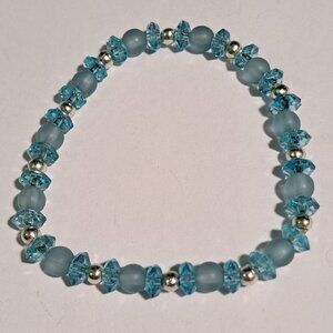 Blight blue and silver color beaded elastic bracelet round beads and funky shape